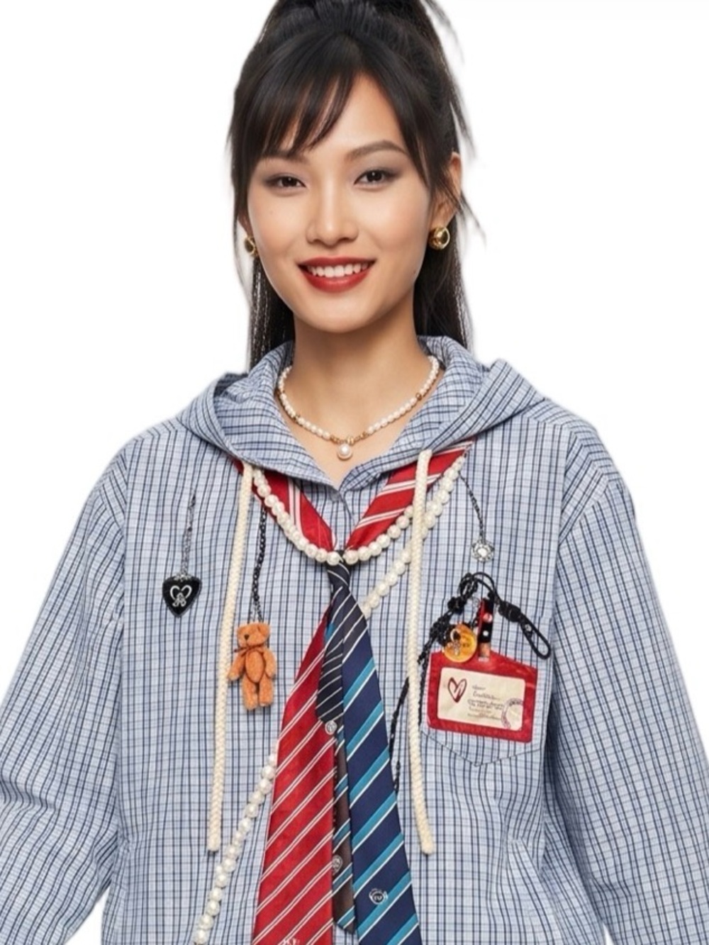 BETTER JOELAY Blue White Plaid ButtonFront Hoodie Top Longsleeve Whimsical Weird
